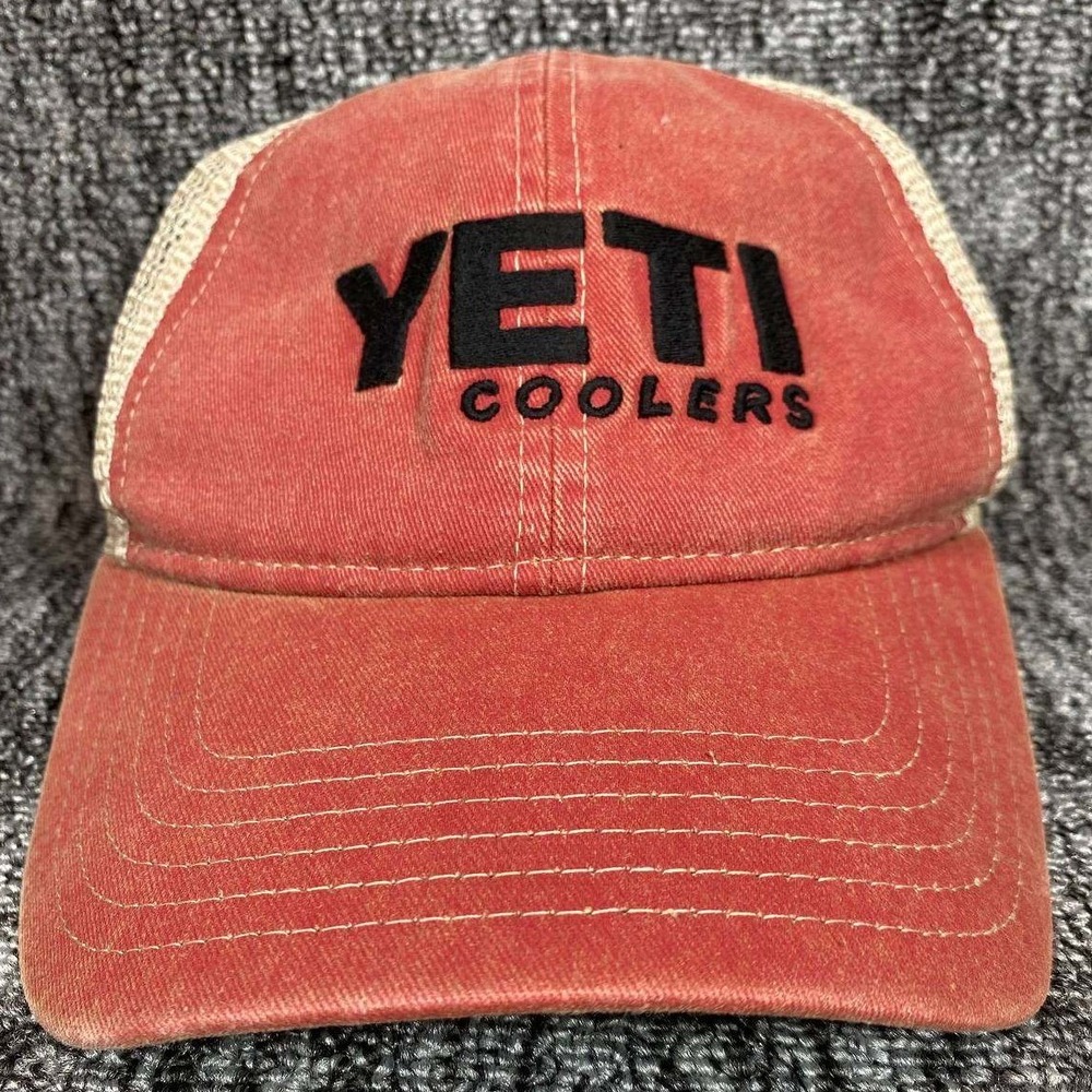 YETI Coolers Trucker Hat Mens OSFA Salmon Pink Mesh Snapback Logo Outdoor Cap